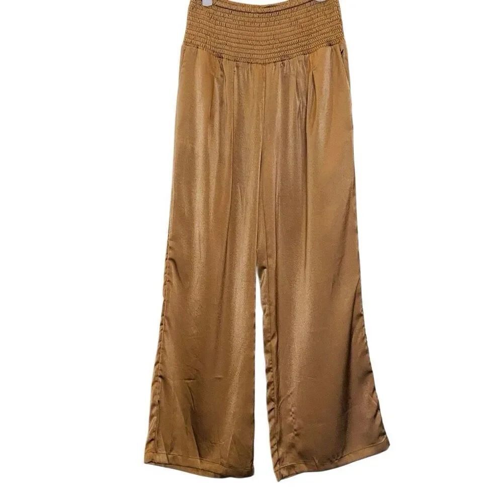 Smocked Waist Relaxed Fit StraightโWide Leg Pull-on Pants Satin Rust Brown Small